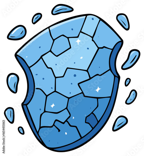 Magical cracked ice shield with water elemental splash effects. Cartoon fantasy armor asset for a video game.