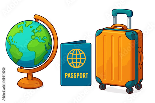 Travel essentials for world adventure. Vector cartoon icon set with globe, passport and luggage. International vacation, tourism journey concept. Holiday trip baggage illustration.