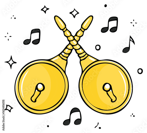 Cartoon Castanets Clappers with Musical Notes Dance Rhythm Spanish Instrument Hand Percussion Music