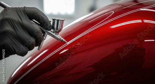 Artist airbrushing custom pinstripes on a red motorcycle gas tank in a workshop