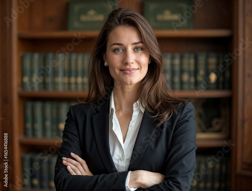 A confident female lawyer stands with her arms crossed in a modern office.