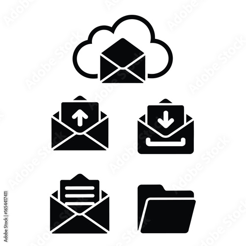 Black and white vector pack of 10–12 cloud and storage mail icons including cloud envelope, upload, download, archive, recycle, and folder mail
