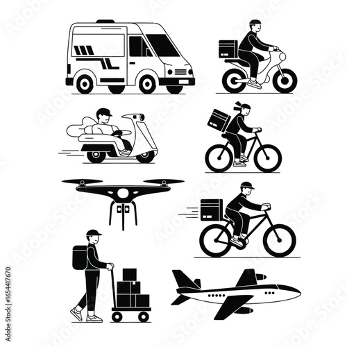 Black and white vector pack of 10–12 delivery vehicle icons including mail van, motorbike, bicycle, drone, courier, trolley, and airplane