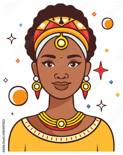 Portrait of an African woman in traditional attire with colorful jewelry, cartoon style.