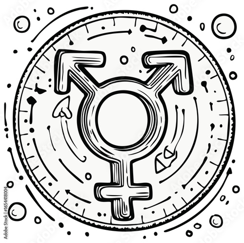 Mystical hand drawn transgender symbol in an esoteric celestial circular frame line art illustration