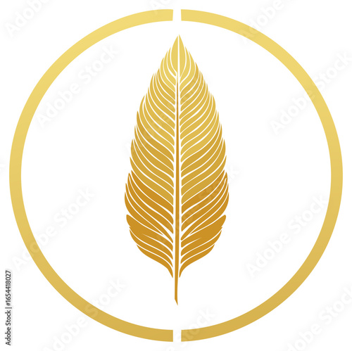 Elegant gold feather illustration within a broken circular frame