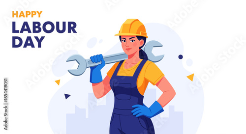 A woman in work attire, holding a large wrench, celebrates Labour Day.