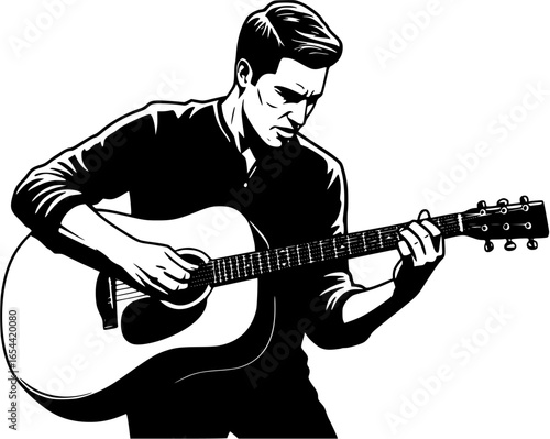 Detailed vector logo of passionate male musician playing acoustic guitar with dynamic focus

