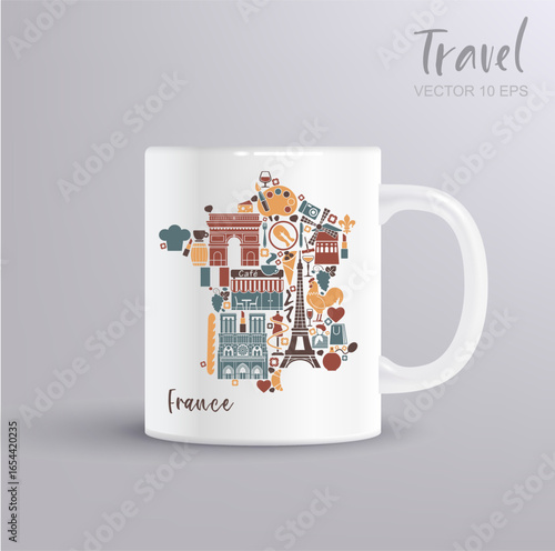 Vector design with France map silhouette and cultural symbols. Decorative travel illustration with mug mockup for souvenirs, tourism, prints, and design projects