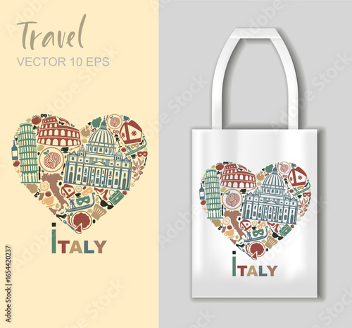 Vector heart design with Italy landmarks and cultural icons. Decorative travel illustration with tote bag mockup for tourism, souvenirs, design and print projects