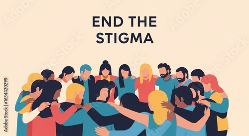 Illustration of people supporting each other in a circle, flat style, text overlay “End the Stigma”.