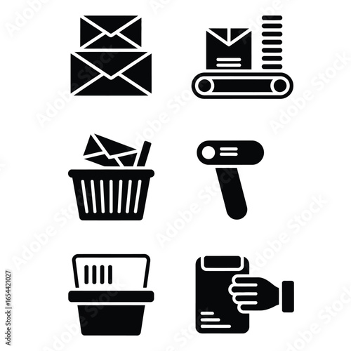 Black and white vector pack of 10–12 sorting process icons including stacked letters, parcel conveyor, bins, barcode scanner, and trays