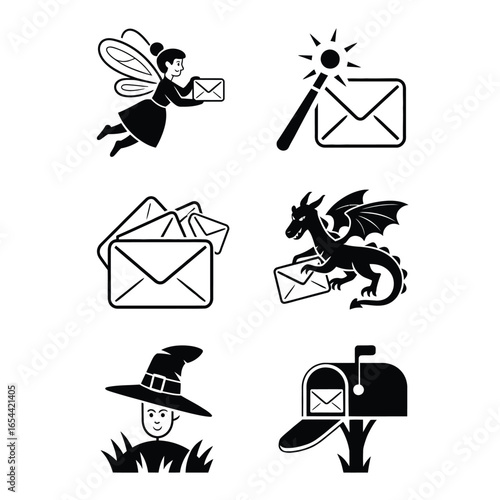 Black and white vector pack of 4 mythical mail icons including fairy delivering letter, magic wand mail, dragon carrying package, wizard mailbox