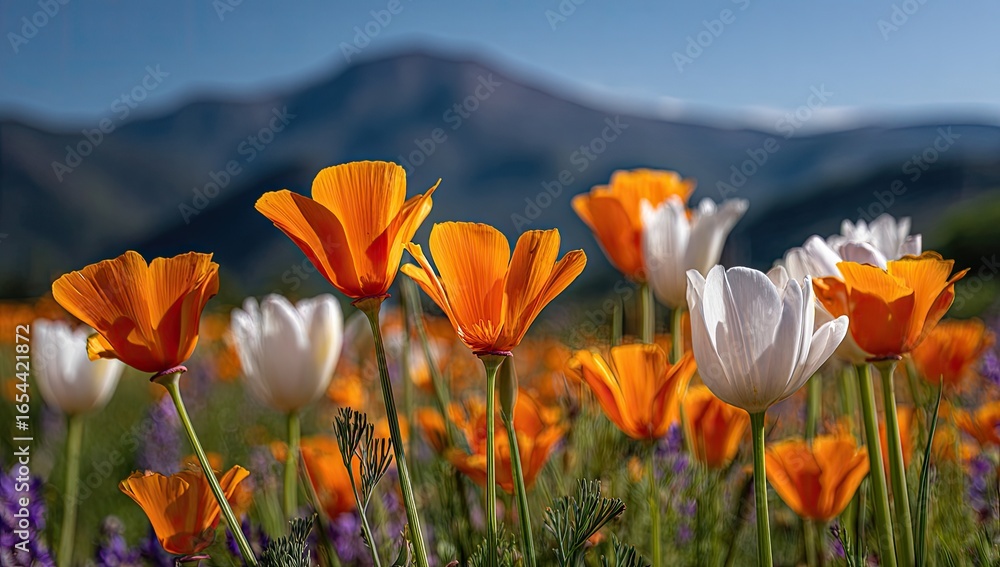Obraz premium Vibrant orange and white wildflowers bloom in a field, set against a majestic mountain backdrop under a clear sky