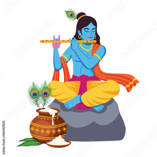 Lord Krishna Playing Flute with Butter Pot