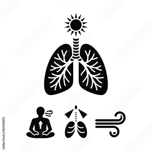 Calm breathing icons pack with lungs, airflow, inhale-exhale arrows, calm posture, breathing timer, and wind symbol in black and white vector
