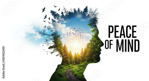 Creative design of head silhouette filled with nature (trees, sky, birds), text overlay “Peace of Mind”.