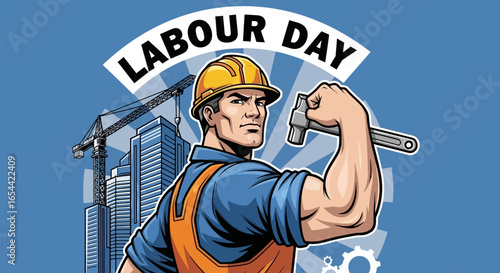 Labour Day Celebration with a Strong Construction Worker Holding a Hammer, Symbolizing Strength and Hard Work