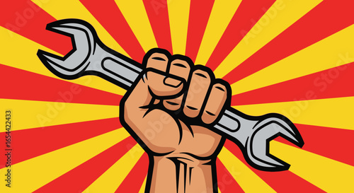 A powerful fist holding a wrench, set against a vibrant, radiating background.