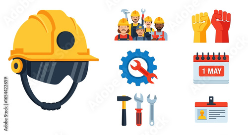 Vector illustration featuring construction workers, tools, and a calendar marked May 1st, symbolizing Labor Day. Includes hard hats, wrenches, and a gear.
