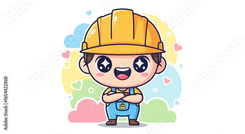 A cheerful cartoon construction worker with a yellow hard hat and crossed arms, smiling.
