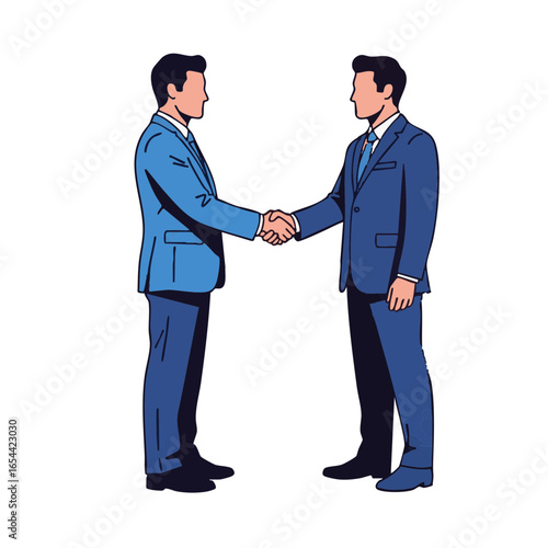 Two businessmen in suits shaking hands, symbolizing a partnership, agreement, and success in business collaboration.