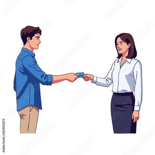 Man giving a credit card to a woman for payment. Vector illustration of a customer and clerk in a business transaction.