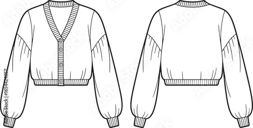 bomber jacket with balloon sleeves Fashion flat sketch of a cropped bomber cardigan with balloon sleeves line art