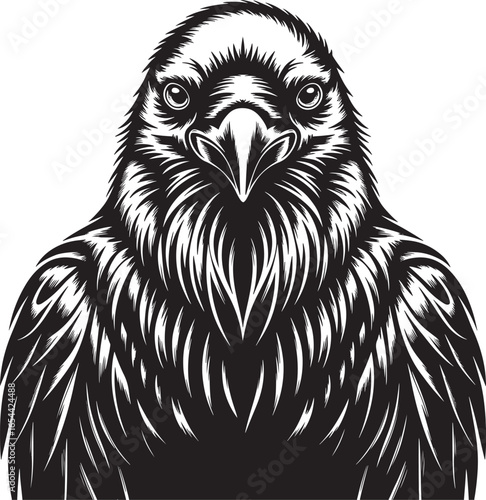 raven head crow Intense black and white illustration of a shoulders line art