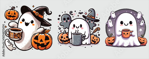 Art of cute halloween ghost with pumpkins
