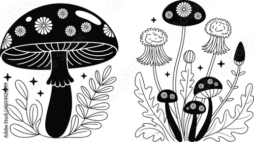 Black and white mushroom illustration, floral patterns, botanical nature design, whimsical fungi, forest plants, decorative art, hand-drawn style, vector silhouette, fantasy nature scene
