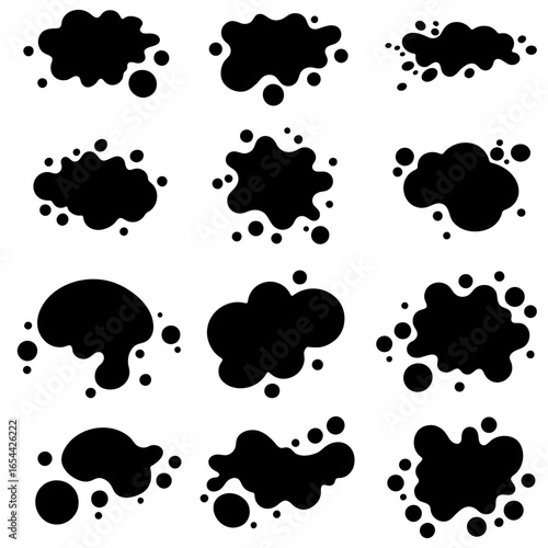 Set of black ink or paint blot icons isolated on white background. Vector illustrations.