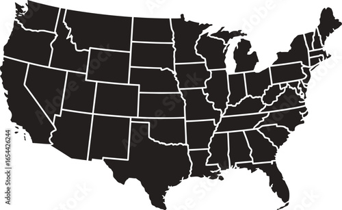 Black and white map of the united states showing state borders and geographical outline of the country