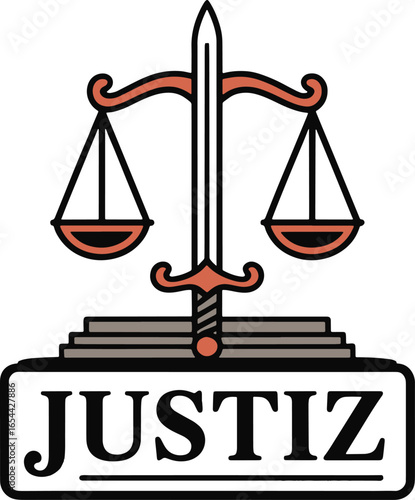 Scales of justice with sword and Justin inscription flat silhouette art