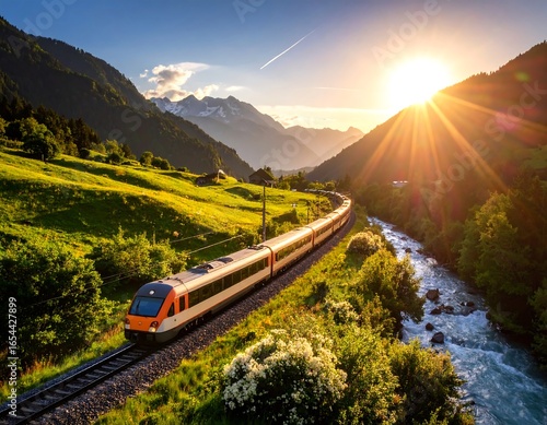 Scenic train journey through mountain valley at sunset