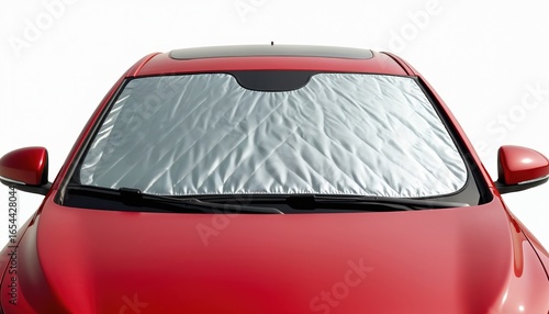 Silver car sunshade covers red vehicle windshield, protecting interior from sun, heat. Automotive accessory made from metallized polyester offers insulation against ultraviolet rays, keeping car cool