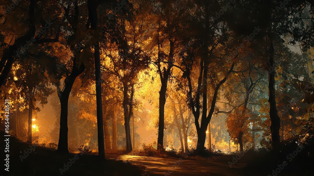 Naklejka premium A forest path illuminated by warm light at night with trees and foliage around it