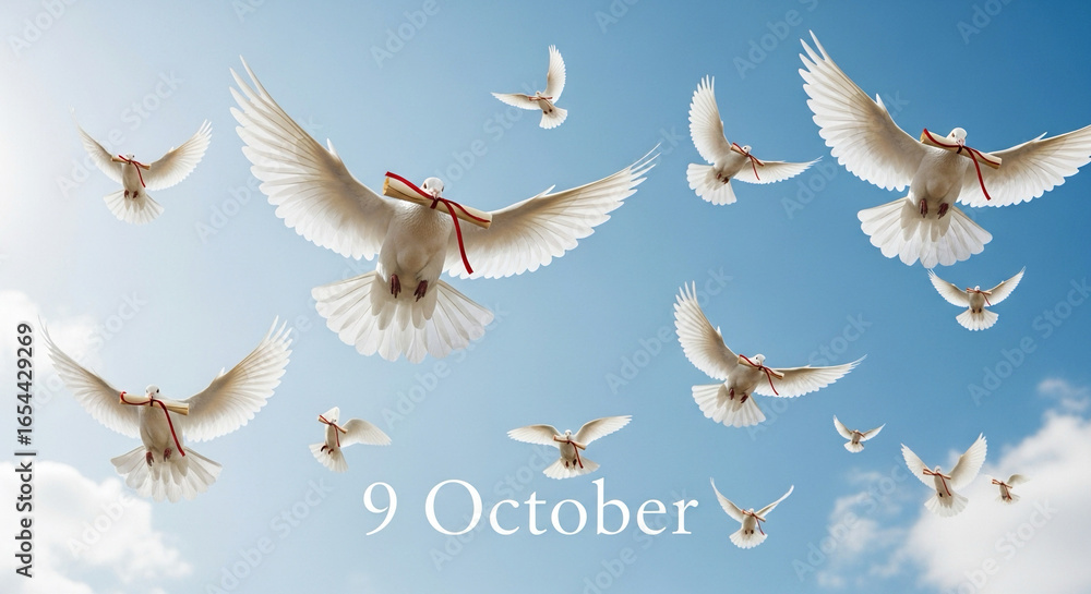 Obraz premium Flying white doves carrying letters in beaks, blue sky background, text overlay “9 October”.