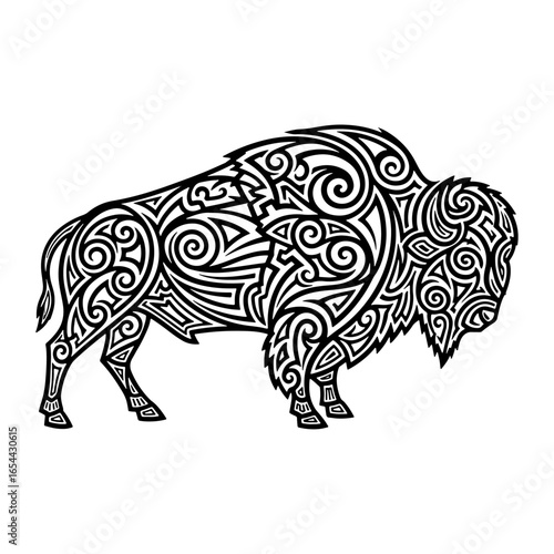 Vector illustration of a powerful bison decorated with geometric patterns, symbolizing strength, the strength of nature, and indigenous culture. Great for t-shirt designs, logos, or tattoos.