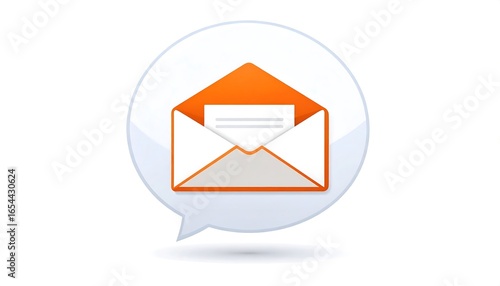 A stylized, modern icon depicts an open envelope with a message inside, set within a light-gray speech bubble, conveying a concept of communication or email.
