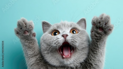 Playful grey cat with open mouth, paws raised in surprise against a teal background