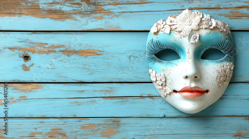 Venetian Mask on Rustic Blue Wood