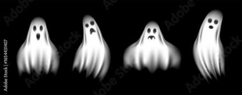 Halloween ghost character collection. Scary floating spirits on black background.Vector isolated set.