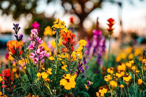 Vibrant wildflowers in a garden bed, various colors