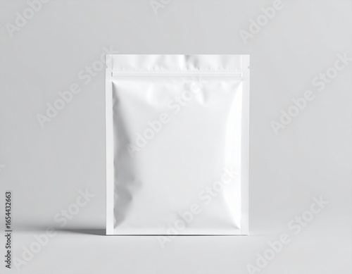 白い無地の袋パッケージ　パウチ小袋　モックアップサンプル　お菓子　白背景