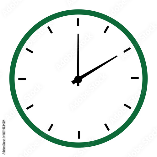 Simple analog clock face with green border showing the time is two oclock