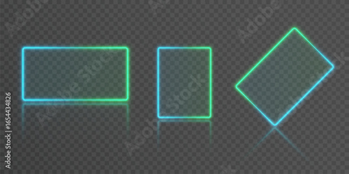Neon blue-green rectangle frames with rounded corners on transparent background. Three variants — horizontal, vertical and tilted — soft glow with subtle reflection and gradient glass feel.
