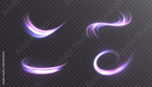 Glowing pink-violet light swooshes with soft blue tint on transparent background. Curved motion trails with ring and arc elements for dynamic effects and modern interfaces.
