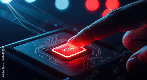 KYC Compliance Concept: Finger pressing glowing KYC button. Know Your Customer regulations, digital identity verification and security process.