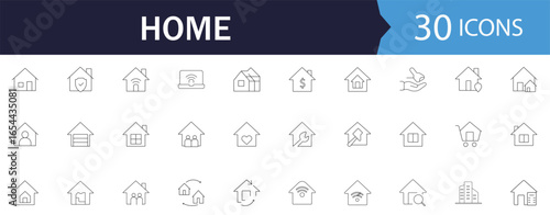 Home line Icon Set. Features icons of house, apartment, money, and insurance. Perfect for real estate apps and housing websites.